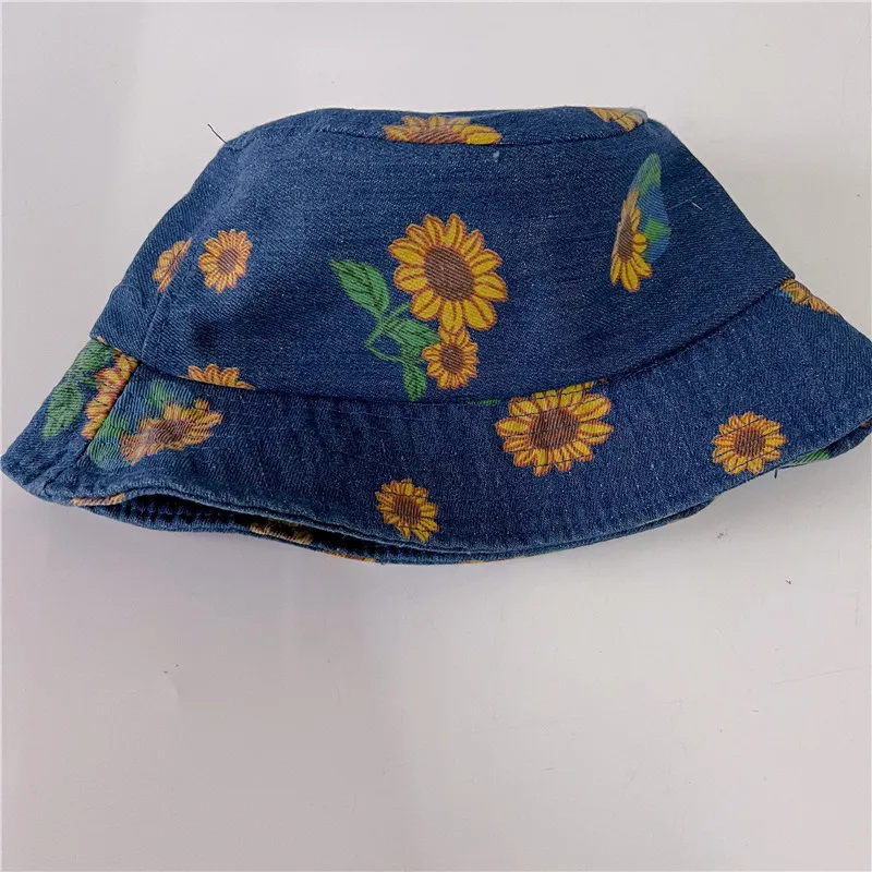 Milancel Summer Children's Denim Bucket Hat Sunflower Print Big Brim Hat 220611