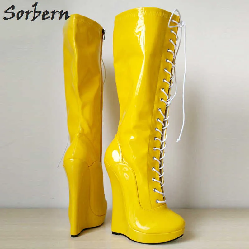 ソーバーンミッドカーフ女性ブーツファッションユニセックスウェッジ18cmレースアッププラスサイズジッパーサイドリアルイメージプラットフォームパテントレザーカスタム