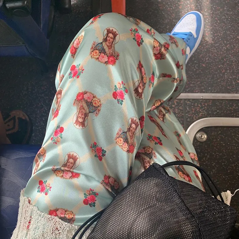 Koreansk stil sommarblå rutig konsttryck lösa avslappnade byxor tunna breda ben kvinnor pantaloner de mujer 220726