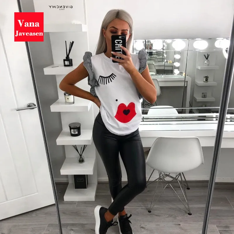 Vana Javeasen Women Ruffle Fashion T Shirt Eyelashes Red Lips Print Tees O Neck Butterfly Sleeve Woman s Clothes Simple Tops 220628