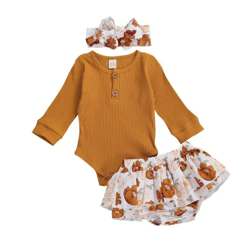 Kläderuppsättningar 2022 Baby Autumn Born Girl Clothes Long Sleeve Ribbed-stickad bodysuit ruffle Tutu Tryckt Shorts Outfits Set