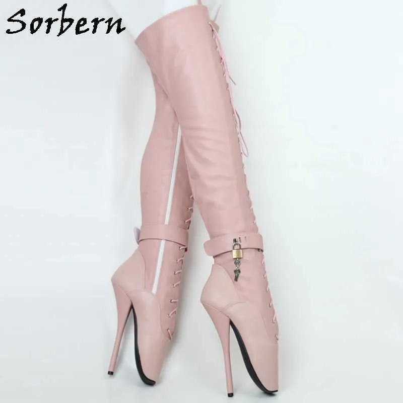 Sorbern rose mat mi-cuisse bottes femmes avec Ballet talons hauts cheville verrouillable talons aiguilles personnalisé à lacets douloureux Crossdress