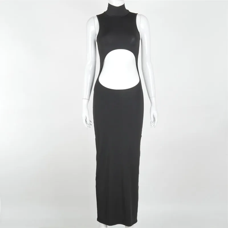 Hugcitar Sleeveless Solid Hollow Out Turtleneck Maxi 드레스 가을 겨울 여성 패션 섹시 파티 클럽 의류 220521