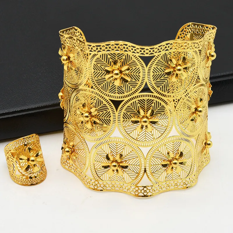 Conjunto de anel de pulseira de latão aberto pulseira arbia presente de casamento do oriente médio para mulheres turcas totem joias banhadas a ouro pulseiras 220228e