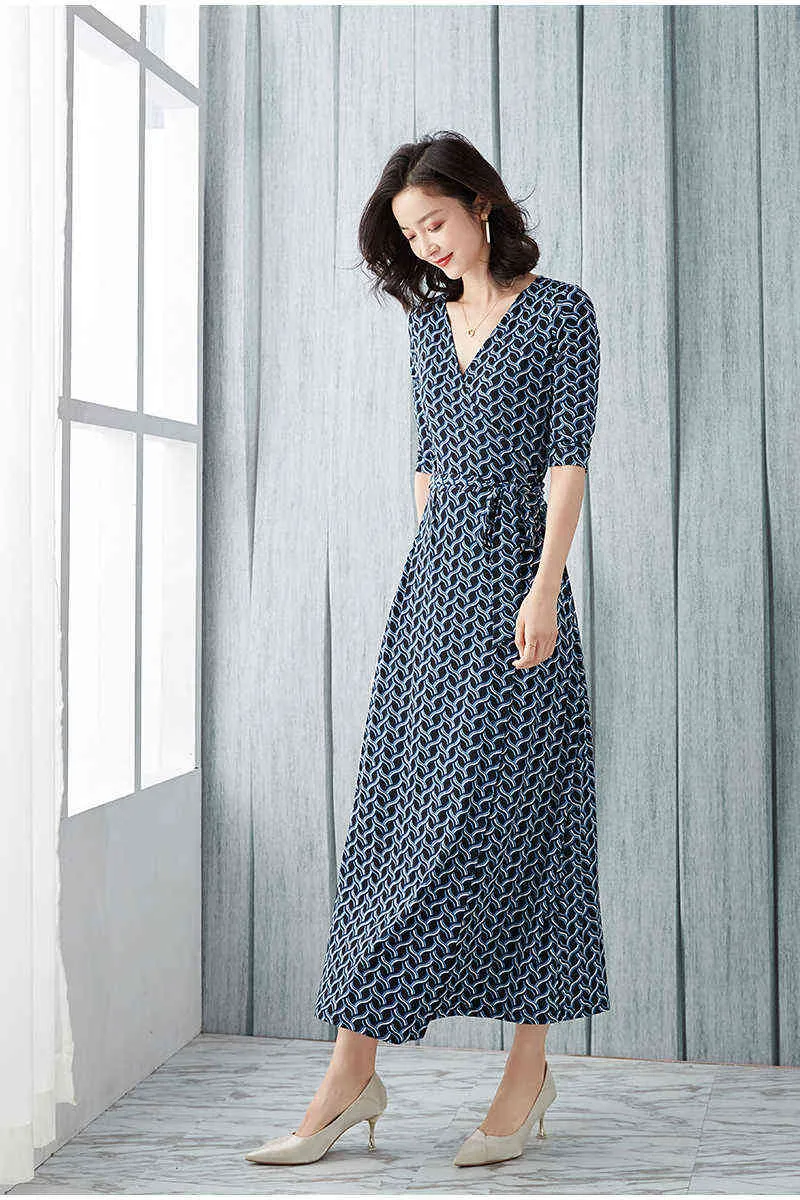 Half Sleeve Korea Women Bohemian Beach Wrap Maxi Dress Print Lace-up Slim Waist Elegant Ladies Casual Holiday Dress Clothing G220510