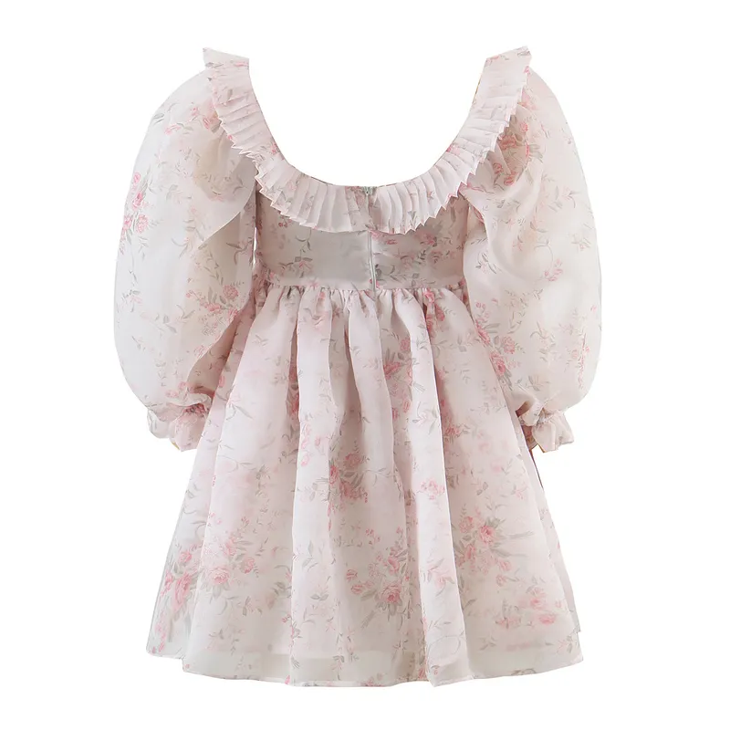 2022 Prinses Pink Bloemprint Ball Jurk Organza Jurk Retro Women Wood Ear Square Kraag Puff Mouw Mini Party Fairy Robe 220511