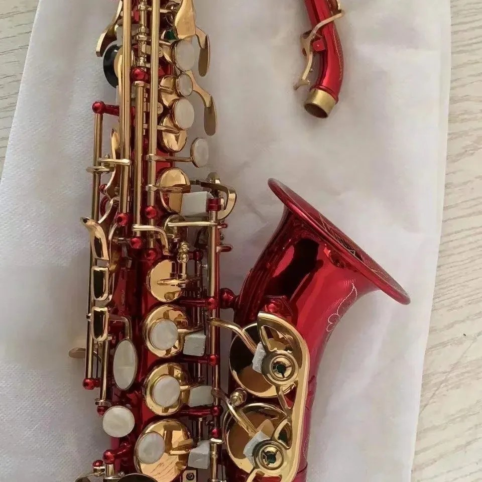 Tout nouveau saxophone soprano incurvé professionnel rouge Bb surface plaquée or ne se décolore pas ton saxo soprano de qualité professionnelle
