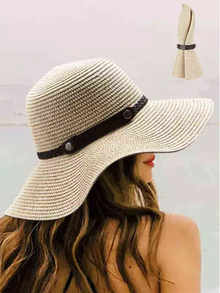 新しい日焼け止め巻き麦わら帽子の柔らかい形の麦わら帽子夏の女性ワイドブリムビーチサンキャップUV保護帽子G2204186278808