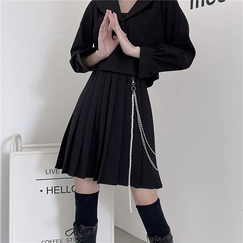 Svarta gotiska kvinnor veckade hög midja aline kvinna sommar harajuku kvinnlig mini s preppy stil dam kort kjol 220702