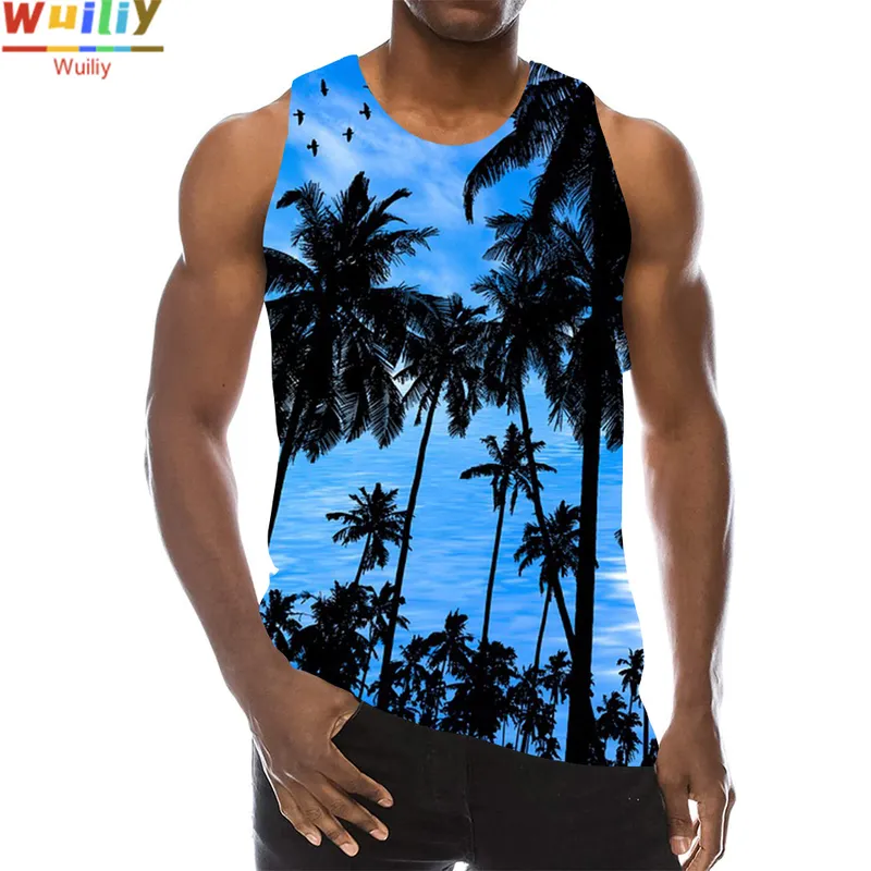 Tampa gráfica de palmeira Tampa gráfica para homens 3D Print sem mangas praia Hemp Palm Palm Tops Torne de tinta Hawaii Colorful Pigmment Camiseta 220505