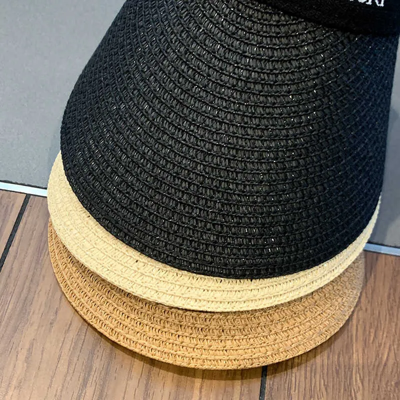 Summer 2022 Women Weave Straw Empty Top Beach Cap Clip-On Solid Color Large Wide Brim UV Protection Breathable Sun Visor Hat