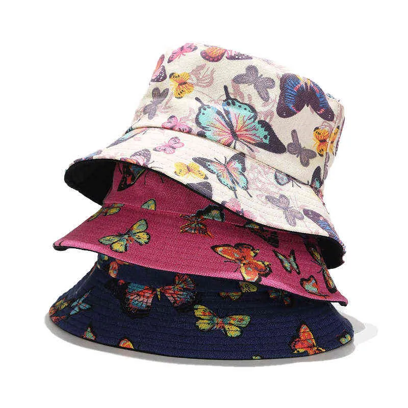해변 모자 면화 양동이 모자 여성 나비 프린트 선 스크린 파나마 모자 Sunbonnet 야외 더블 사이드 유니섹스 어부 모자 G220418