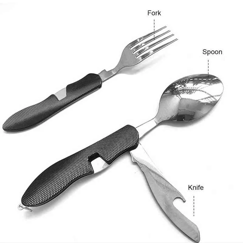 캠핑 utensil spoon 포크 나이프 테이블웨어 세트 스테인리스 멀티 휴대용 접이식 나이프 포크 캠프 캠핑 피크닉 용품 Y220530