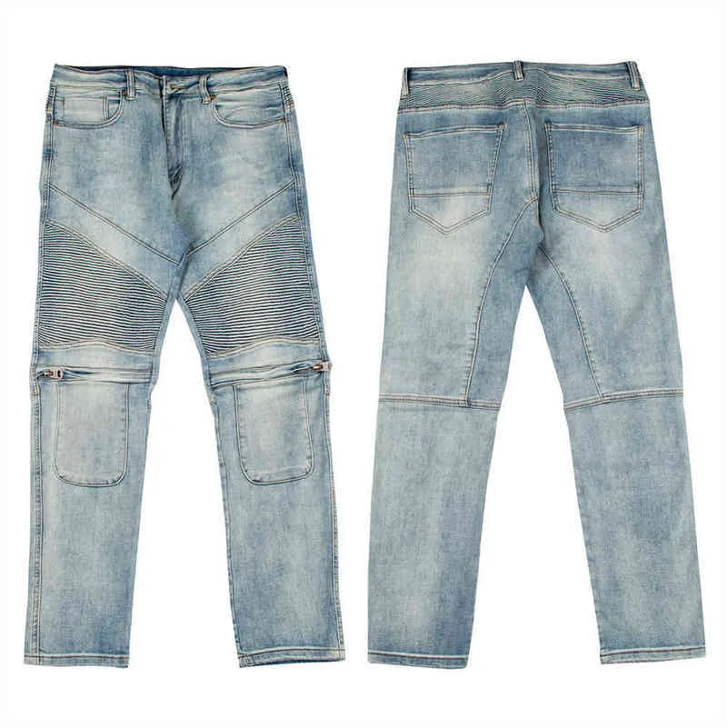 2021 nuova moda ginocchio cerniera pieghe vintage uomo jeans slim pantaloni retrò lavato stile punk pantaloni in denim casual elegante Spodnie T220803