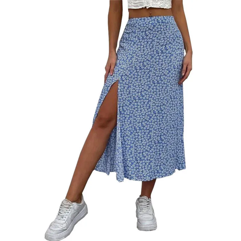 Vrouw Zomer Europese En Amerikaanse Bloemenprint Split Rok Dames Leisure ALine Tas Hip MidWaist Lange Rok 220617