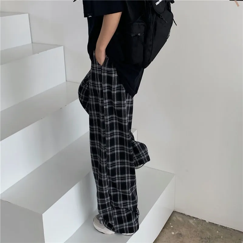 Pantaloni scozzesi neri e rosa Pantaloni oversize da donna Pantaloni larghi a vita alta Pantaloni larghi a gamba larga Ins Pantaloni dritti retrò adolescenti Streetwear 220815