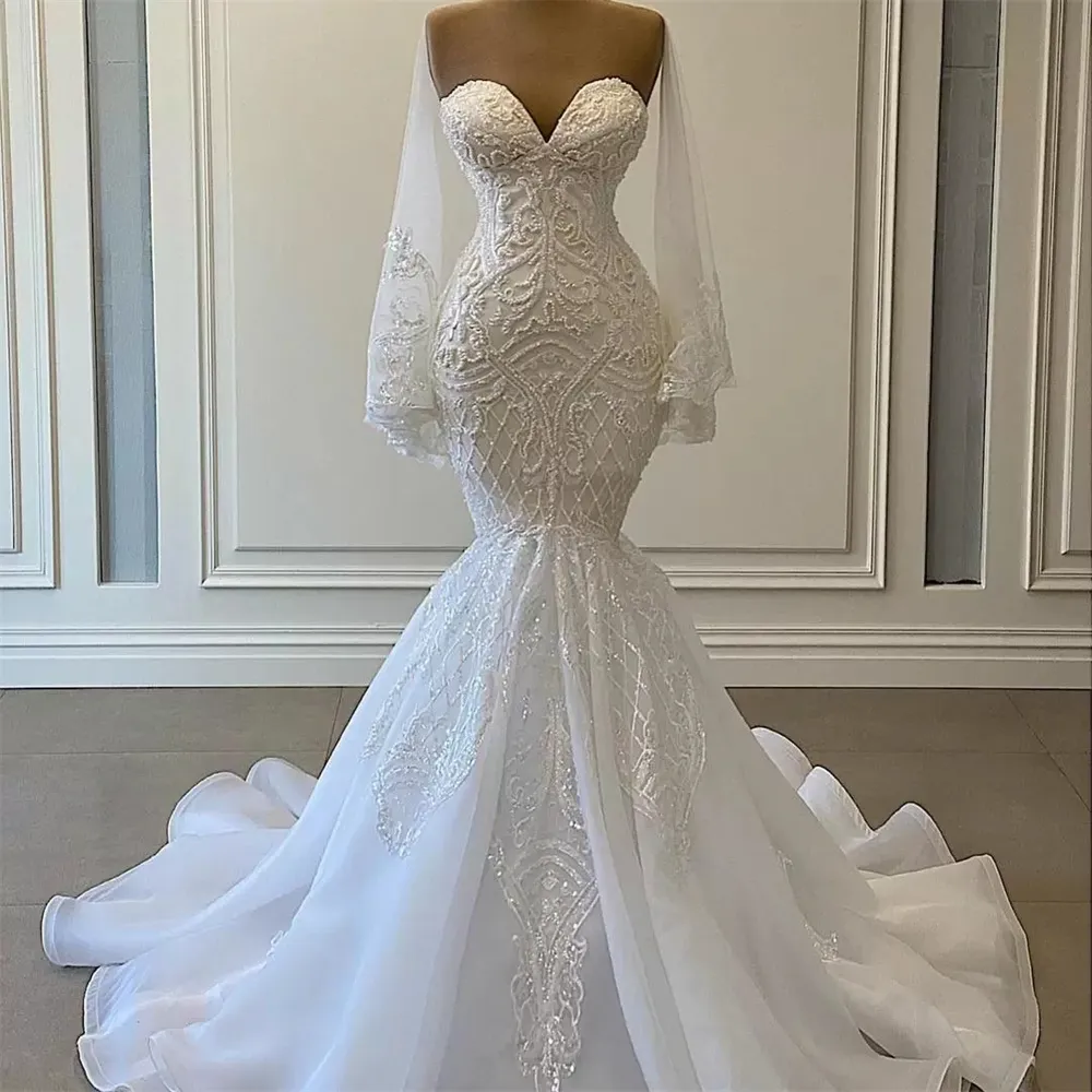 Elegante weiße Meerjungfrau Brautkleider Brautkleider Perlen Spitze Applikation Nigerian Arabisch Hochzeitskleid Robe De Marie265K
