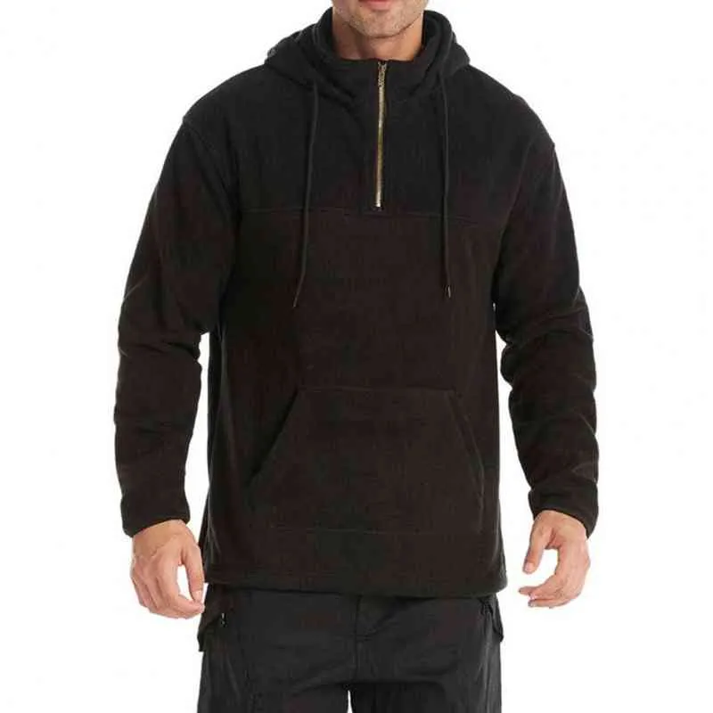 Solid Color Fleece Hoodie Men Hooded Sweatshirt Stand Collar Hooded Top Men Pullover Sudaderas Con Capucha L220704