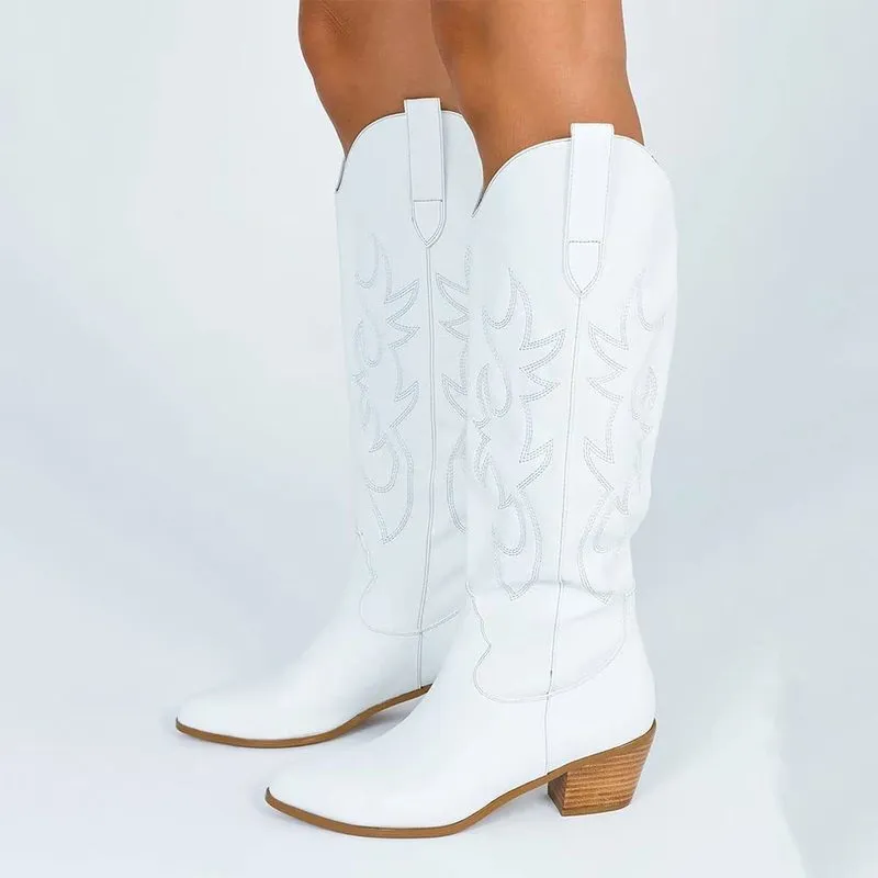 BONJOMARISA vaquero blanco vaqueras botas occidentales bordado moda mujer hasta la rodilla diseño de otoño zapatos de mujer 220813