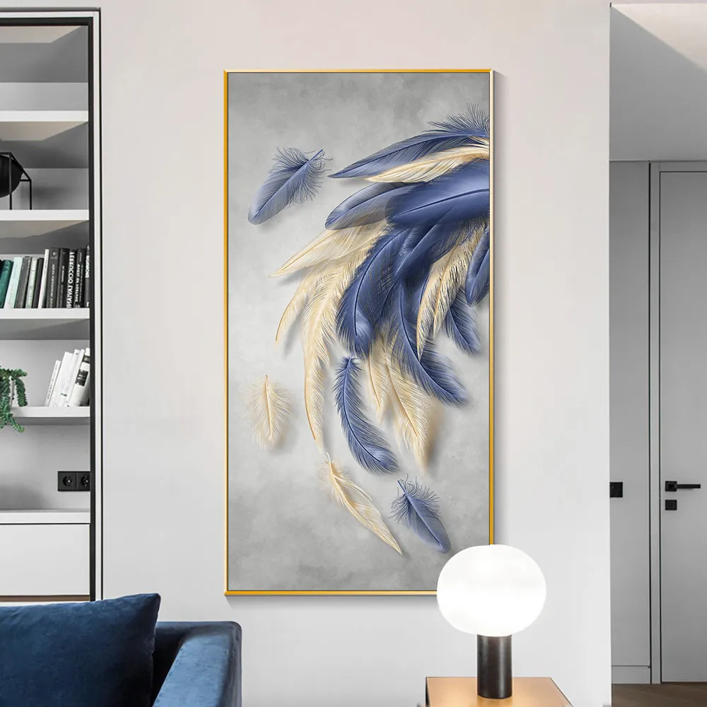 Özelleştirilmiş mavi soyut tüy tuval boyama İskandinav poster ve baskılar duvar sanat resmi oturma odası lüks cuadros