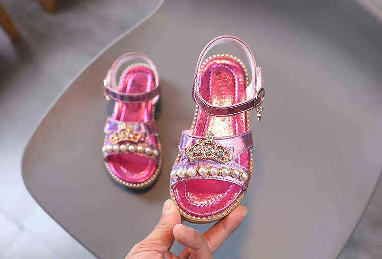 2021 Pärled Rhinestone Kids Sandals for Girl Leather Beach Sandals Children Summer Shoe Princess Sandaler 1 3 5 7 9 10 11 12 Year G220523