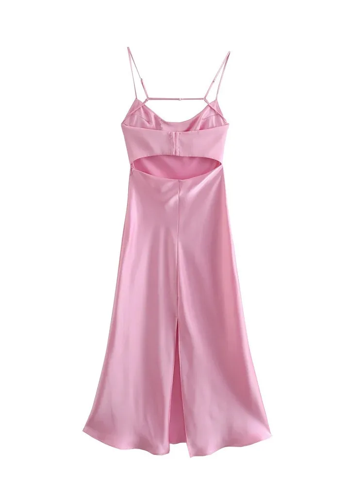 Траф розовые длинные платья Женщины без рукавов атласная скольжение вырезать женщину без спинки сексуальная вечеринка MIDI 220520