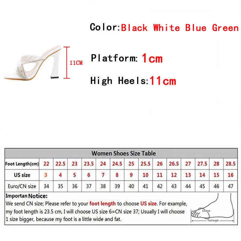 Tofflor Sexiga Crystal Rhinestone Kvinnor Mules Slides Fashion Green High Heels Sandaler Summer Square Toe Party Dress Shoes Pumps 220321