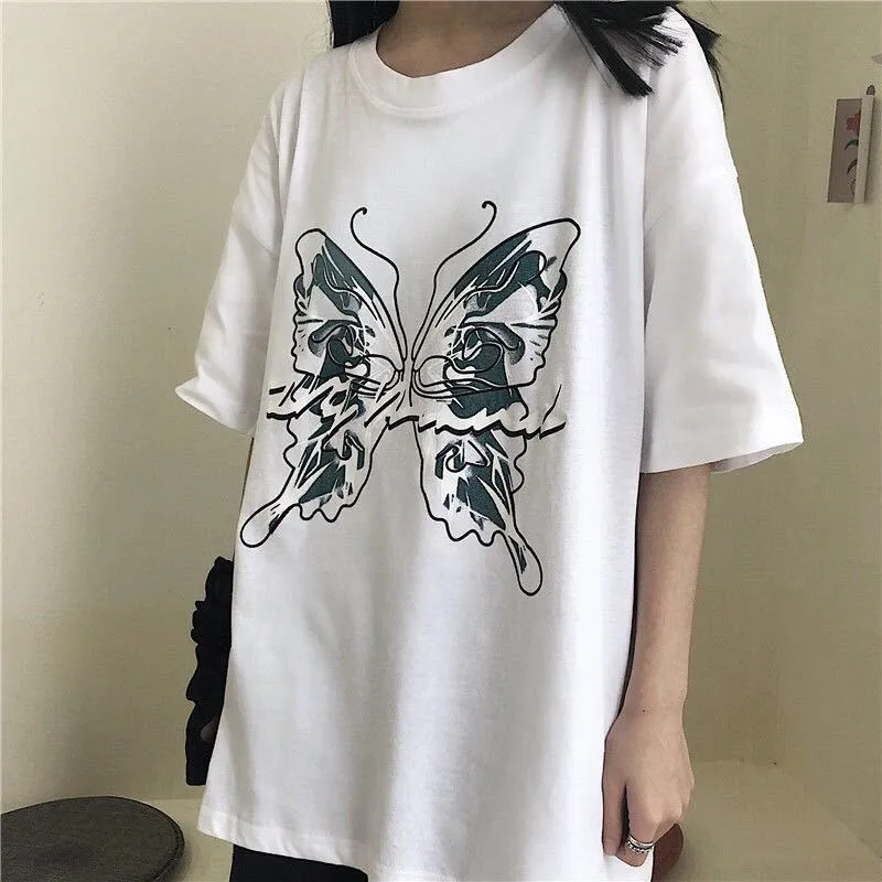 Estilo punk Mariposa Gráfico y letra Impresión Puntada Verde Y2K Estilo de verano O cuello Camisetas de manga corta 220602