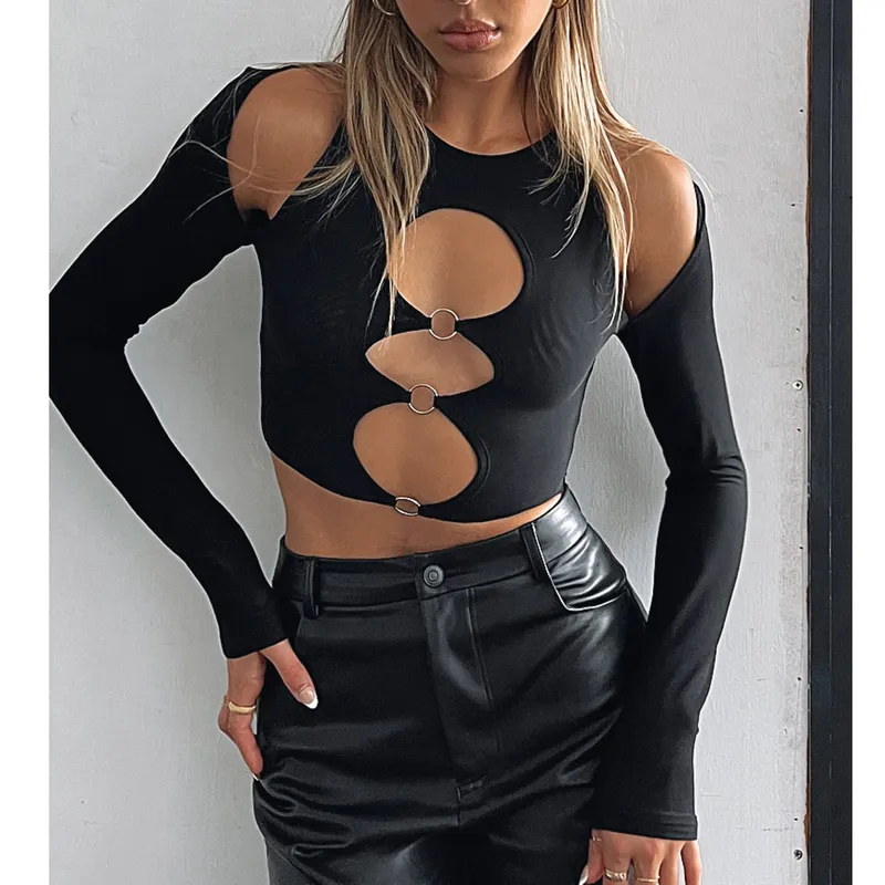 WSEVYPO Women Cutout Crop Topps Solid Color Tshirt Sexig långärmad rund hals ihåliga ut tees med ringar Streetwear Pullovers 220805