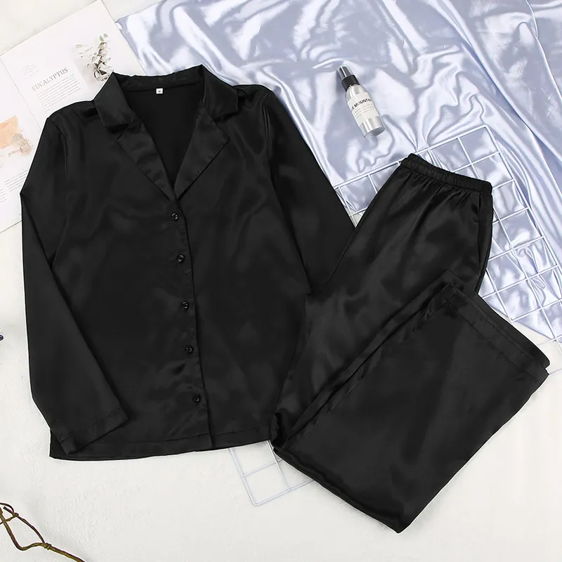 Hean Black Sleepwear Kobieta Satin 2 Sztuka Zestaw Solid Kobiety Piżamy Luźne Spodnie Casual Home Garnitur Zestawy Nightwear Winter Pocket 220329