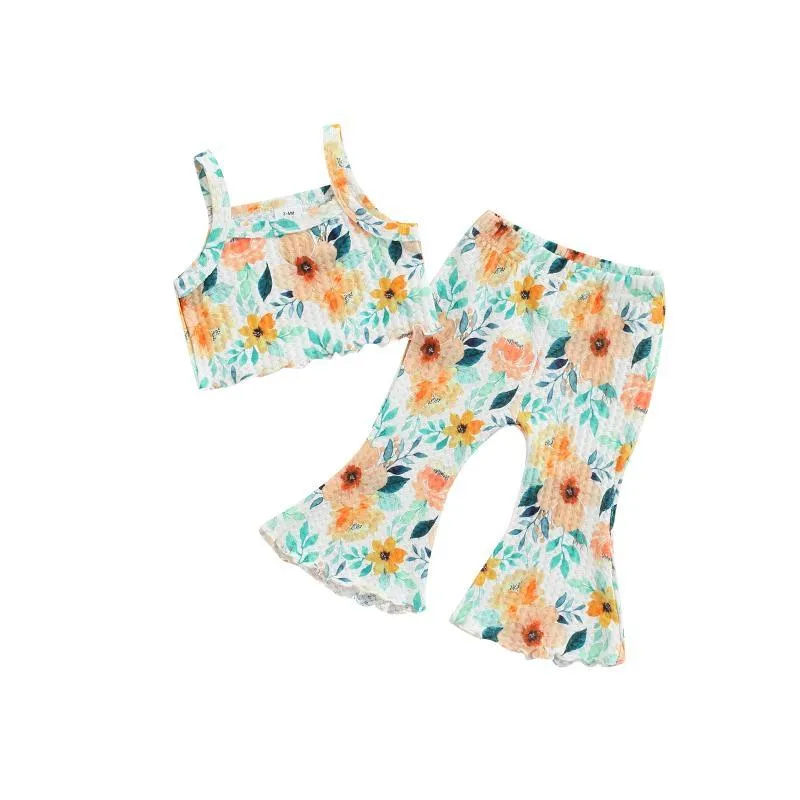 Kleidungssets für 0–18 Monate geborene Babys, 2-teilig, Sommer-Unterhemd, Tanks, ausgestellte Hosen, Blumenmuster, süßer Stil
