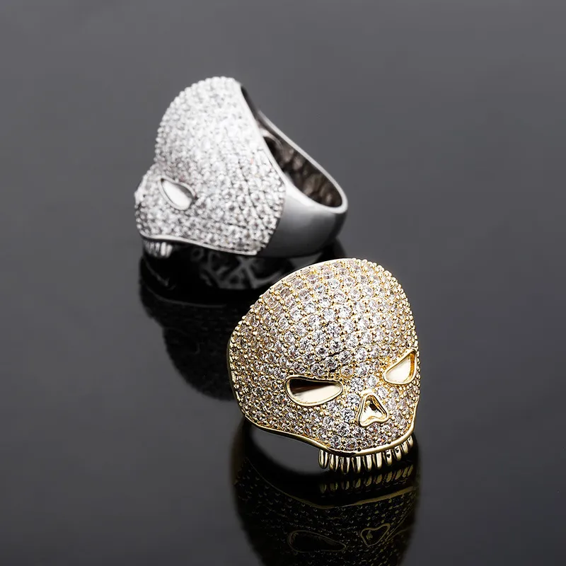 Bague crâne glacé pour hommes, bague en argent et or, haute qualité, diamant complet, Hip Hop, bijoux 261Q