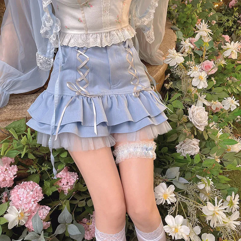 Japanische Kawaii Mini Rock Frauen Sommer Casual Designer Elegante Lolita Sexy Hohe Taille Spitze Verband Y2k Süße 220317