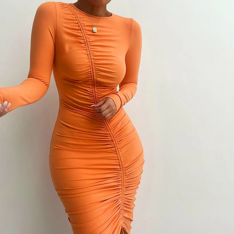 Cnyishe Autumn Women Going Out Dress Fashion Drawstring Ruched Dresses Women Neon Orange O-Neck Long Sleeve Midi Dress Vestidos 220510