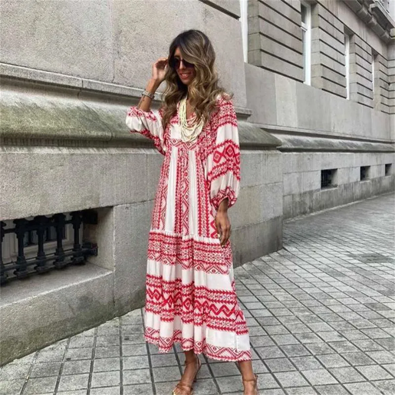 Kvinnor Puff Sleeve Long Dresses Summer Fashion Half Sleeve V Neck AnkleLength Geometric Collage Dress Kvinna Vintage Beach Dress 220527