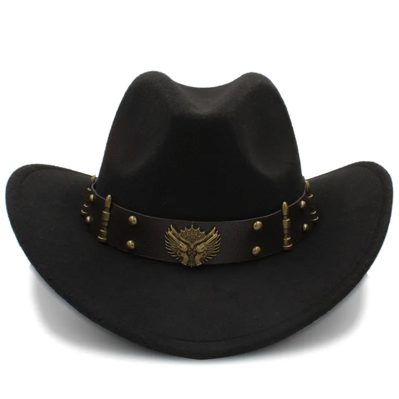 Men Men Black Wool Chapeu Western Cowboy Hat Gentleman Jazz Sombrero Hombre Cap Dad Cowgirl Hats Size 56-58cm 220817307o