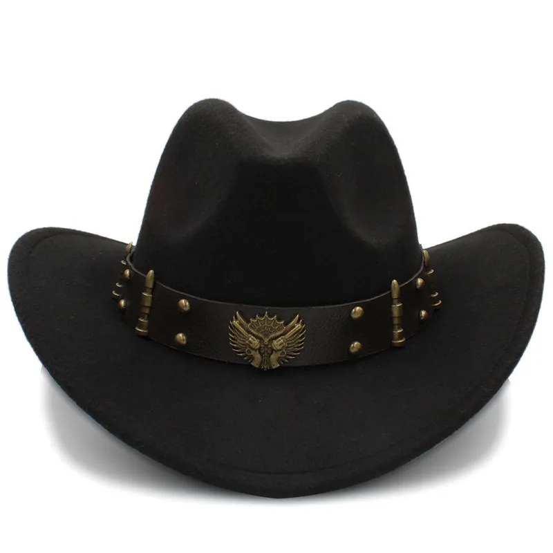 Wome Hommes Noir Laine Chapeu Western Cowboy Chapeau Gentleman Jazz Sombrero Hombre Cap Papa Cowgirl Chapeaux Taille 56-58 cm 220817