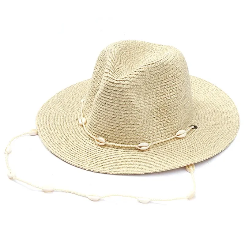 Weitkrempeln 2022 Frauen Muschel Halskette Beach Ladies Paper Stroh gewebten Fedora -Kinngurt mit Perlen und Muscheln EG3064