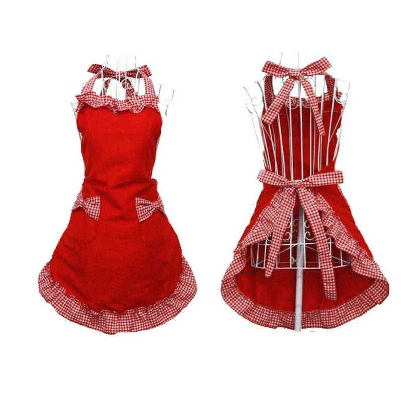 Cute Bar Cleaning Dress Bib Cooking Baking Restaurant Aprons Women Lady Adjustable kitchen apron Flirty Vintage Bowknot Pockets Y220426