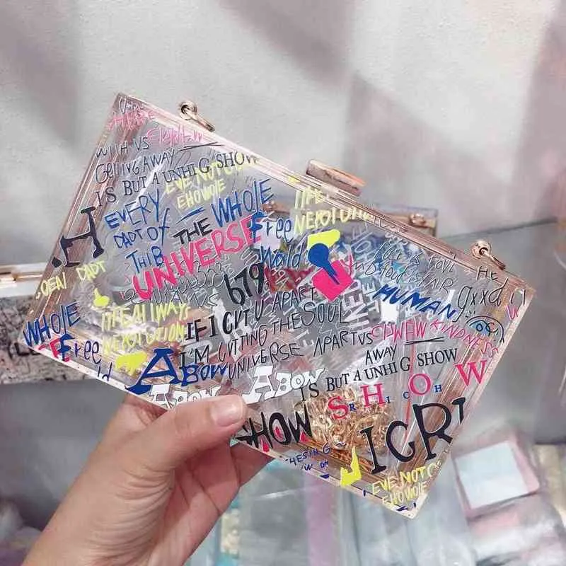 fashion Graffiti box women shoulder bags designer chains crossbody bag luxury Transparent pvc evening clutch female party purses 2269o