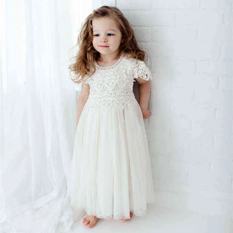 Little Girl New Floral Lace Dress Girl Gray Hollow Flower Tulle Clothes Cute Girl Birthday Party Princess Costume Kid Maxi Dress G220518