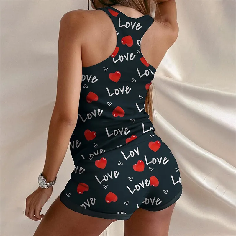 Lettre d'amour Imprimer Taille S5XL Femme Été Sans Manches Combinaison Halter Streetwear Fitness Sport Salopette pour Femmes Lady Combishorts 220704