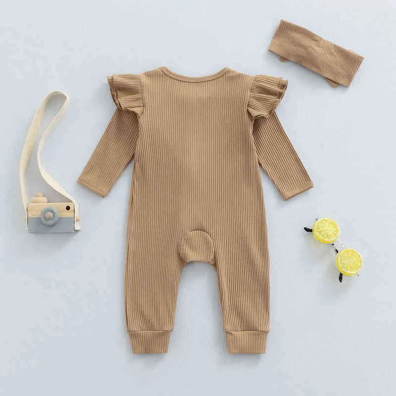 Lioraitiin 0-18m pasgeboren baby baby meisje romper lange mouw ronde nek schuine rits ruche stevige kleur breien val jumpsuit g220510