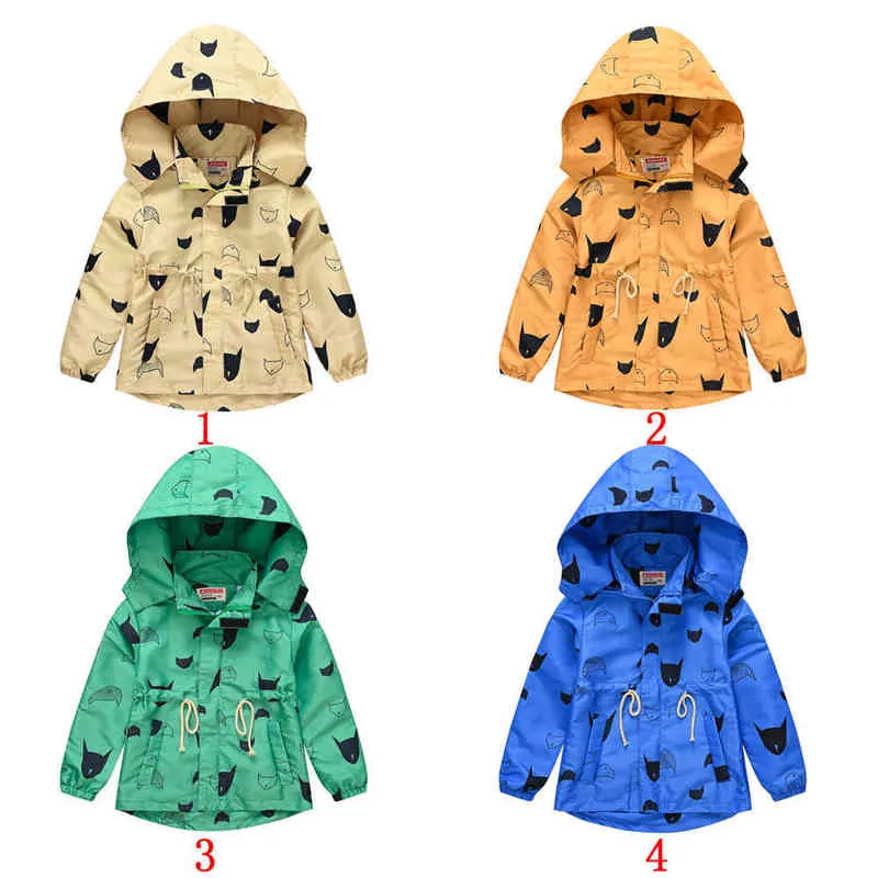 2021 och Autumn New Children Fashion Boys and Girls Print Windbreaker midjebältet Cap Löstagbar casualjacka med hud J220718