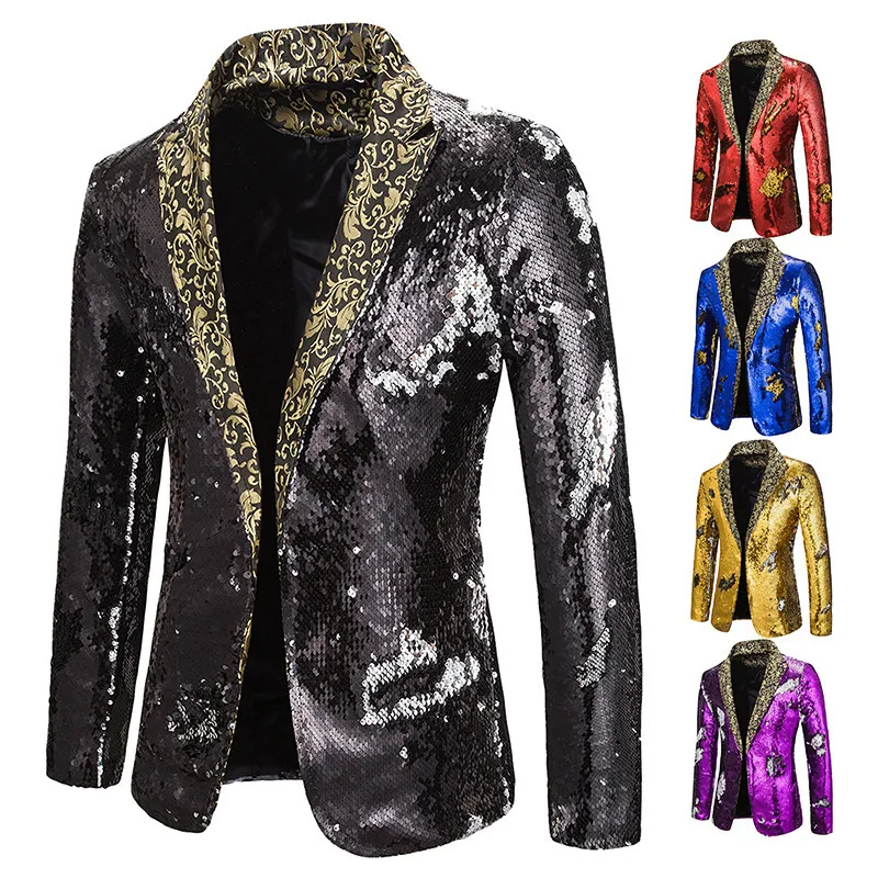 Erkekler Blazer Parlak Pullu Şal Yakası Erkekler Düğün Damat Şarkıcısı Balo Glitter Suit Ceket DJ Club Stage Erkekler 220801