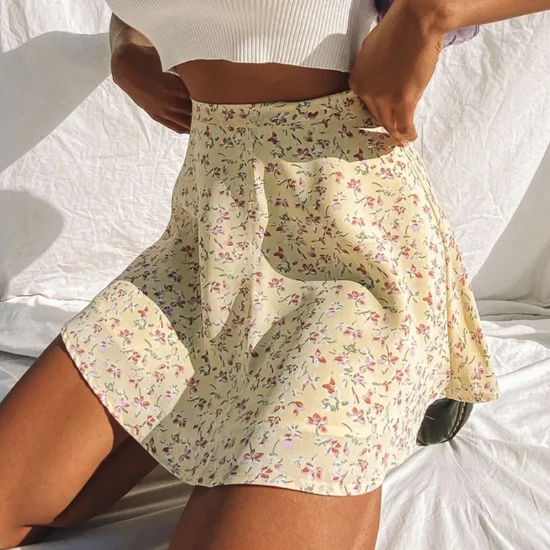 夏の女性の花柄のスカートハイウエスト傘ミニスカート女性目に見えないジッパーシフォンプリントショートスカート女性220523