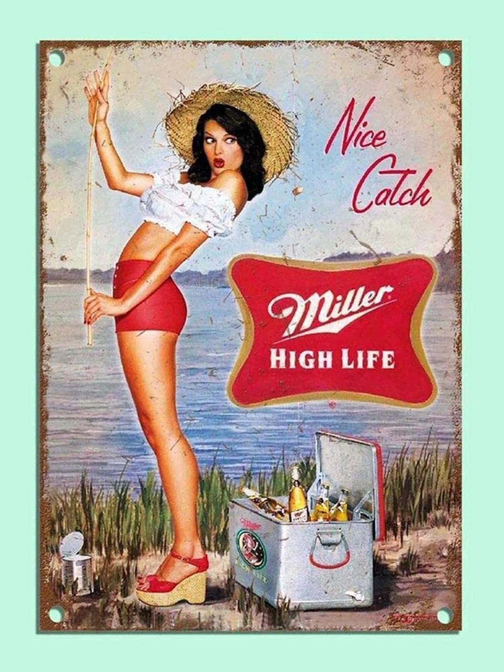 Novo estilo retrô miller cerveja menina barra de pesca den alumínio sexy sinal de metal 8x12 polegadas9889977