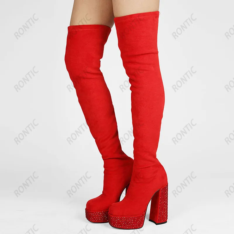 Rontic Women Spring Ligh Boots Crystal Unisex Faux Suede Block Heels Square Toe Gorgeous Red Party Shoes US Storlek 5-13