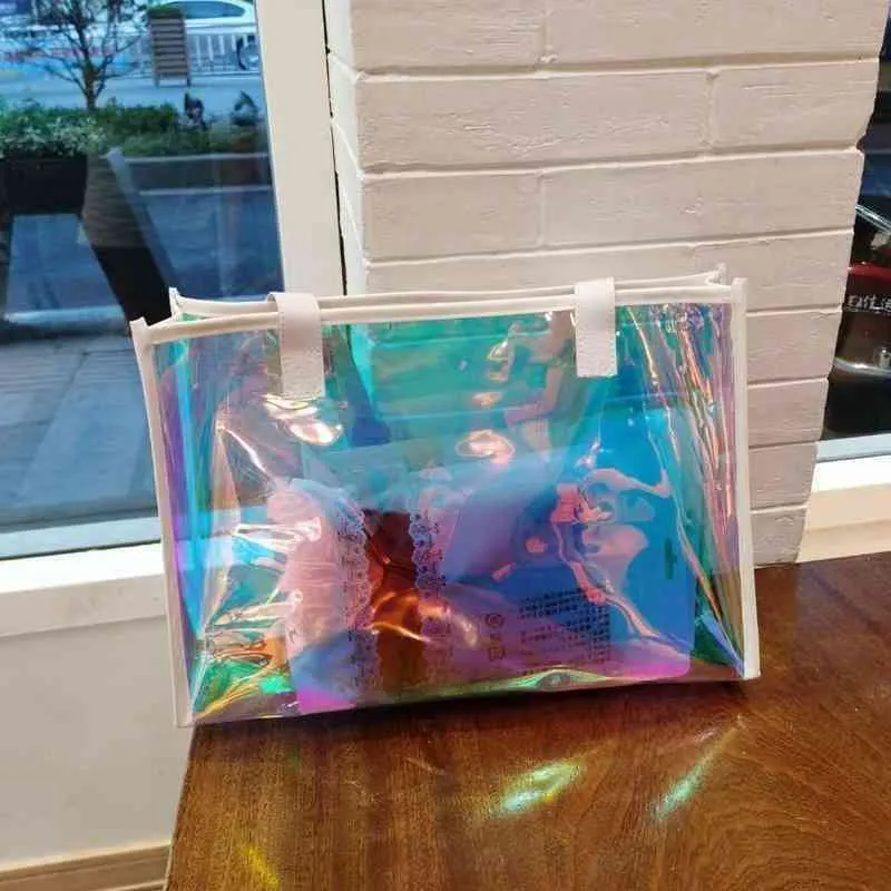 Bonito holo saco transparente para mulheres laser claro bolsa holográfica pvc doces praia à prova dwaterproof água ombro geléia femme bolso 2204272631