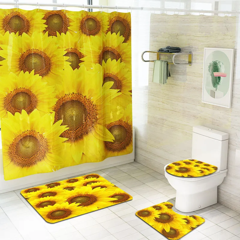 Plein écran de tournesols motif rideaux de douche ensemble antidérapant toilette Polyester couverture tapis ensemble étanche salle de bain rideau de douche 220517